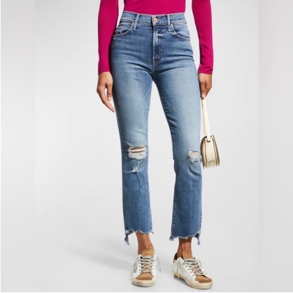 MOTHER The Insider Crop Step Chew Denim Jeans Dancing on Coals Distressed Blue - Picture 2 of 16